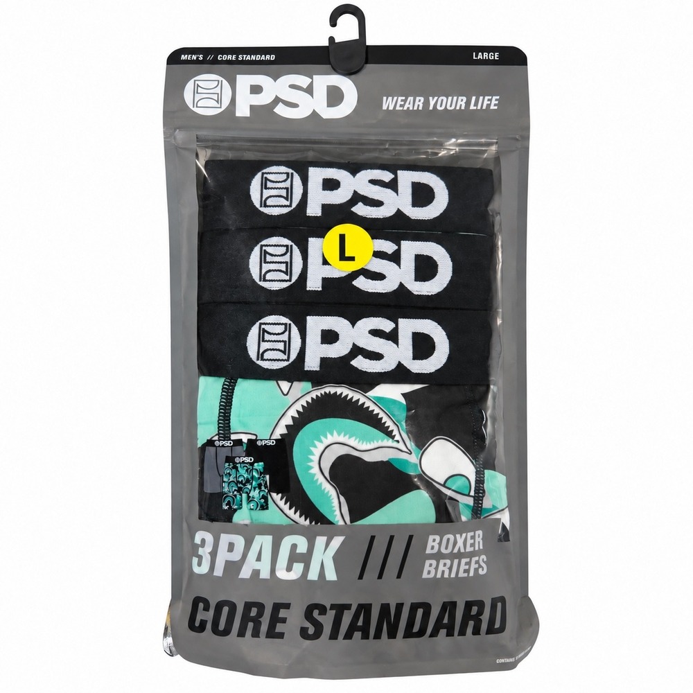 PSD Mens Core Standard Boxer Briefs 3 Pack Shark Mouth Black Grey Large